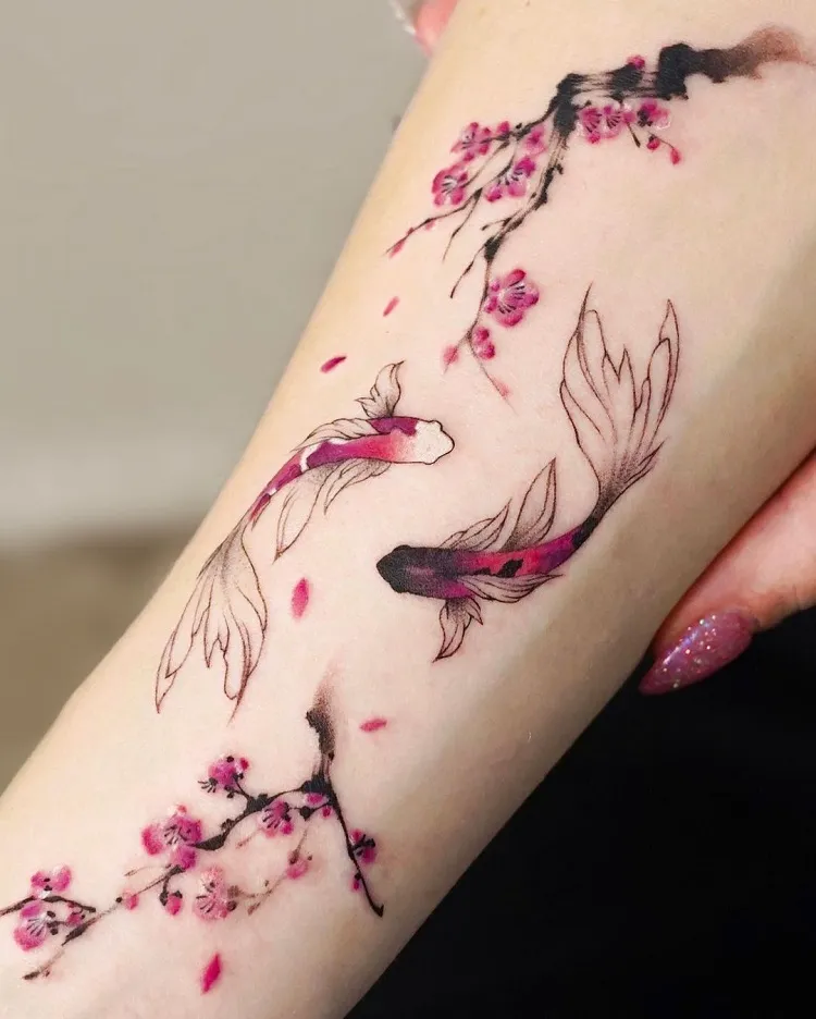 traditional japanese style cherry blossom tattoo koi fish colorful realism