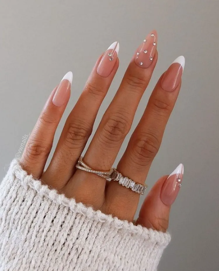 white french nails with rhinestones