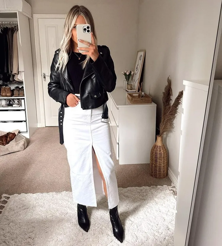 white front slit denim long skirt petite women edgy look black leather boots jacket 90s fashion