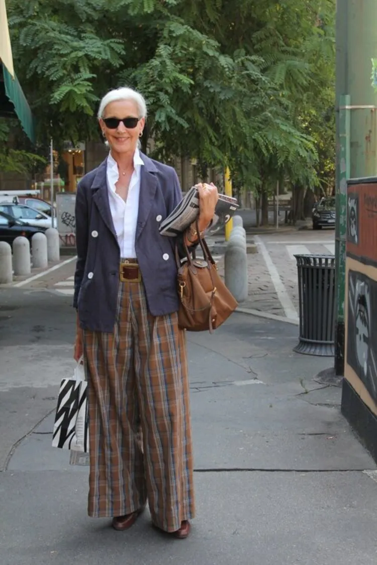 wide leg tartan pants white shirt navy blazer outfit inspo women over 50