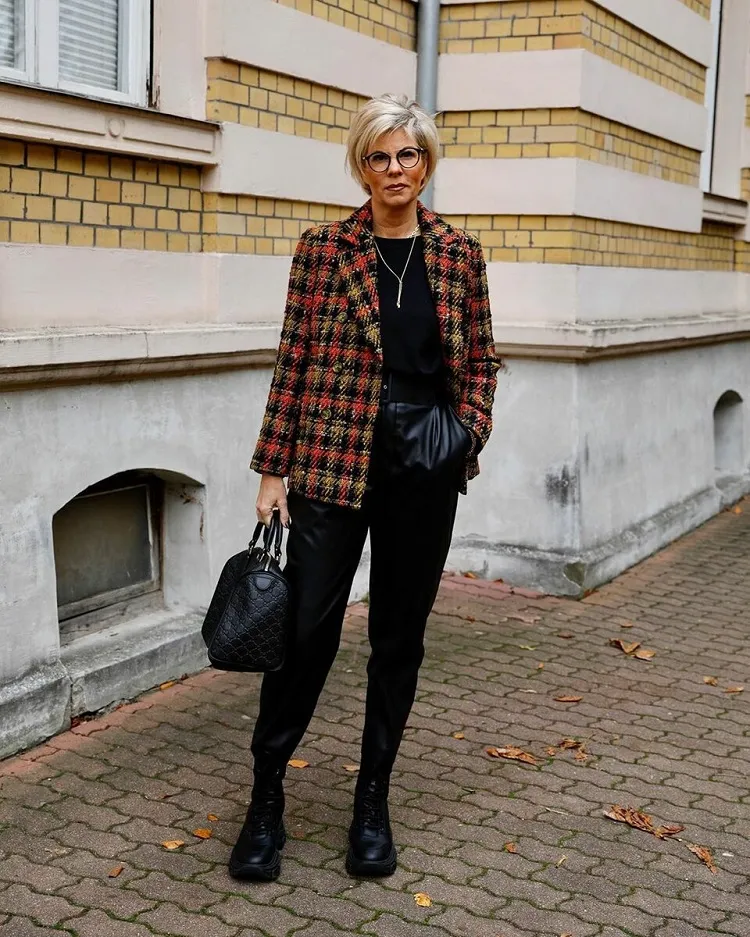 woven tartan blazer styling outfit ideas women over 50