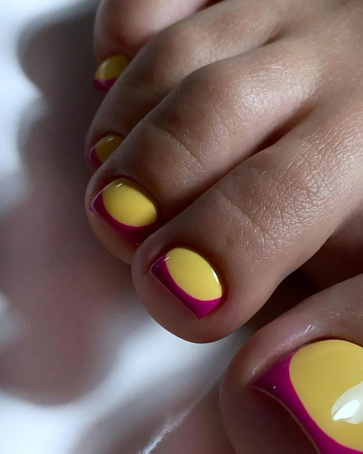 yellow nails burgundy french tip abstract summer pedicure design trends 2023