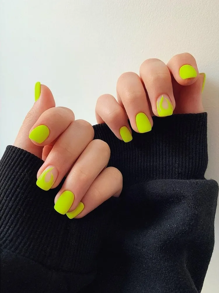 yellow neon nail ideas matte flame design manicure summer 2023
