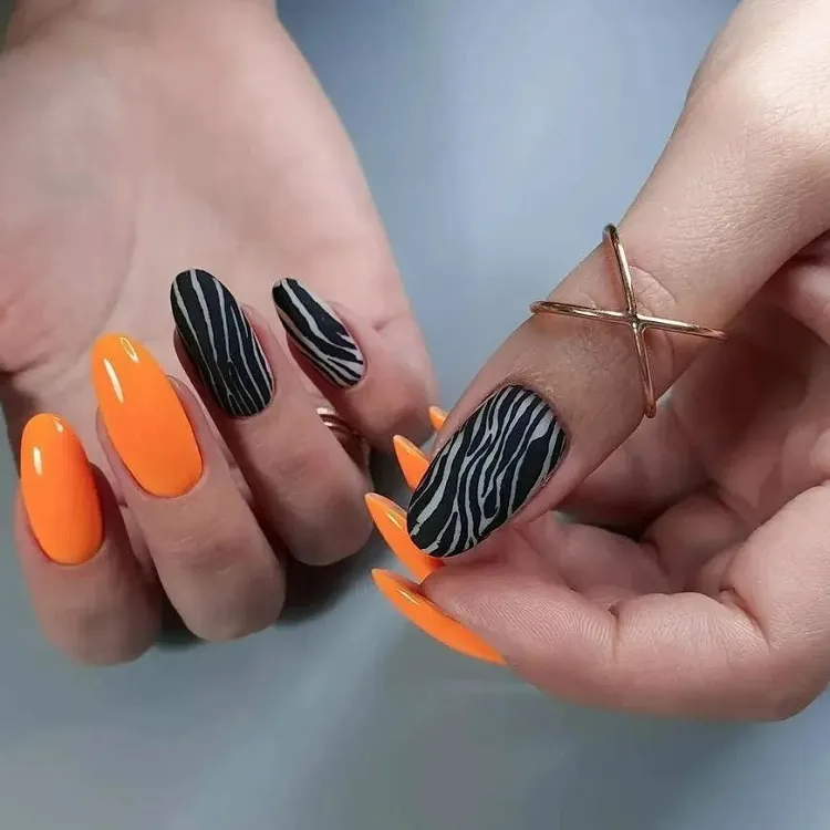 zebra animal print orange neon nails ideas summer 2023