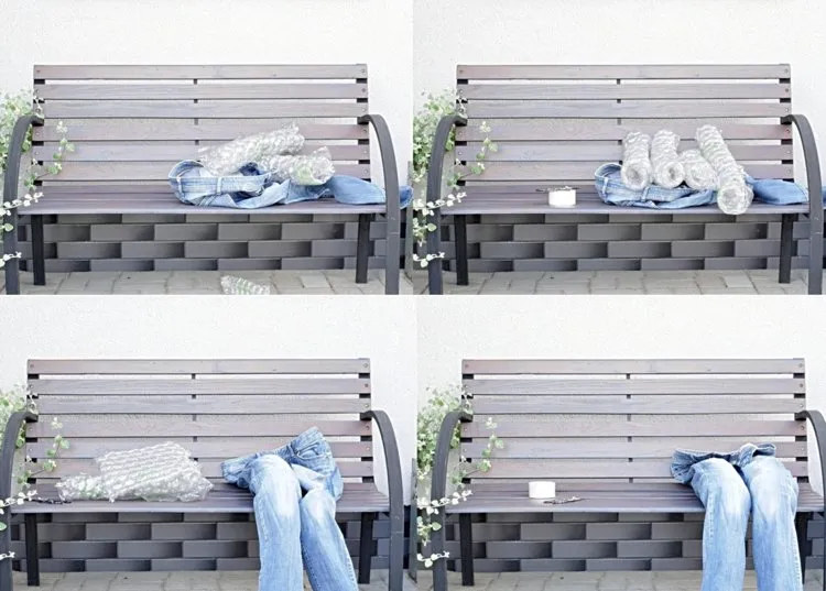 how to reuse and upcycle old jeans diy garden decoration fill legs with bubble wrap