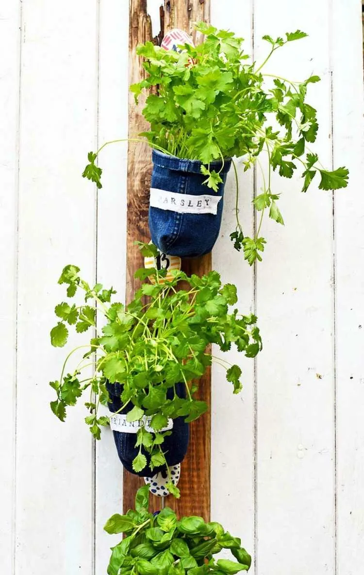 plant bags on a rustic board for decorating balcony and garden with flowers