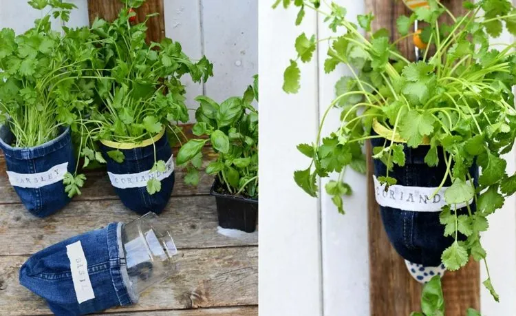 upcycle old jeans diy wall decoration for the garden with herbs in pots
