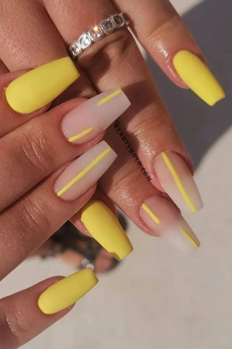 abstract long acrylic nails coffin shape summer matte yellow design