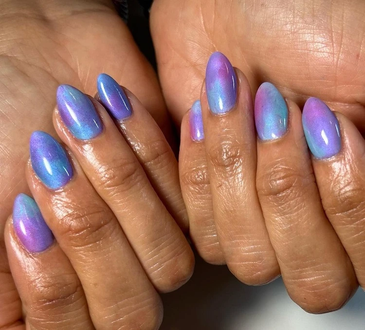 almond chrome nails blue and purple mermaid