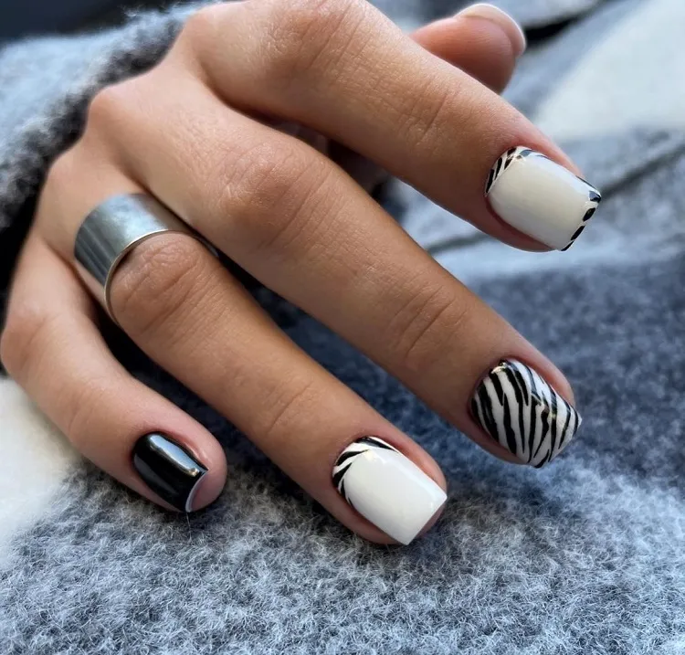 black white zebra print short summer nails trends 2023
