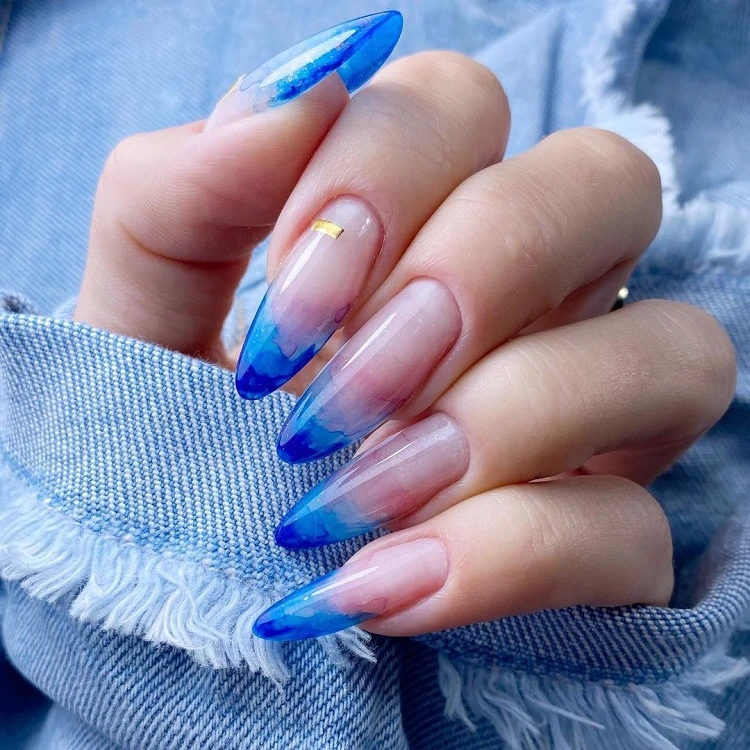 blue french tip ombre nails ocean stiletto long manicure