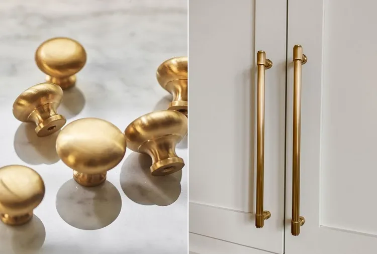 brass kitchen cabinets hardware long handles solid knobs rental friendly makeover on a budget