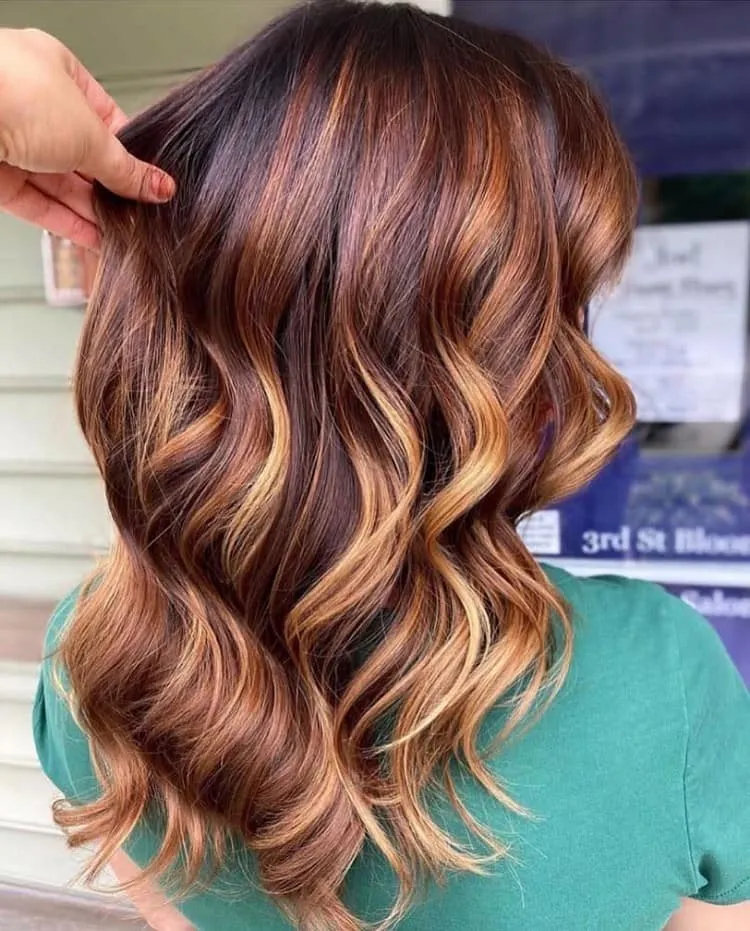 brown hair with red and blonde highlights