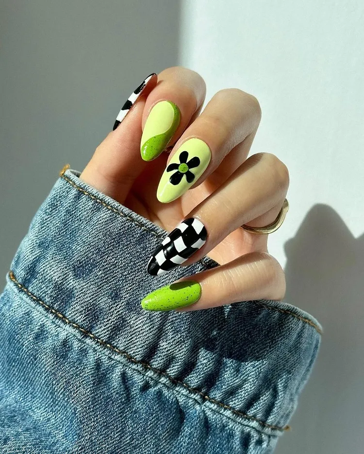 checkerboard abstract mismatched manicure green summer acrylic nails long almond shape