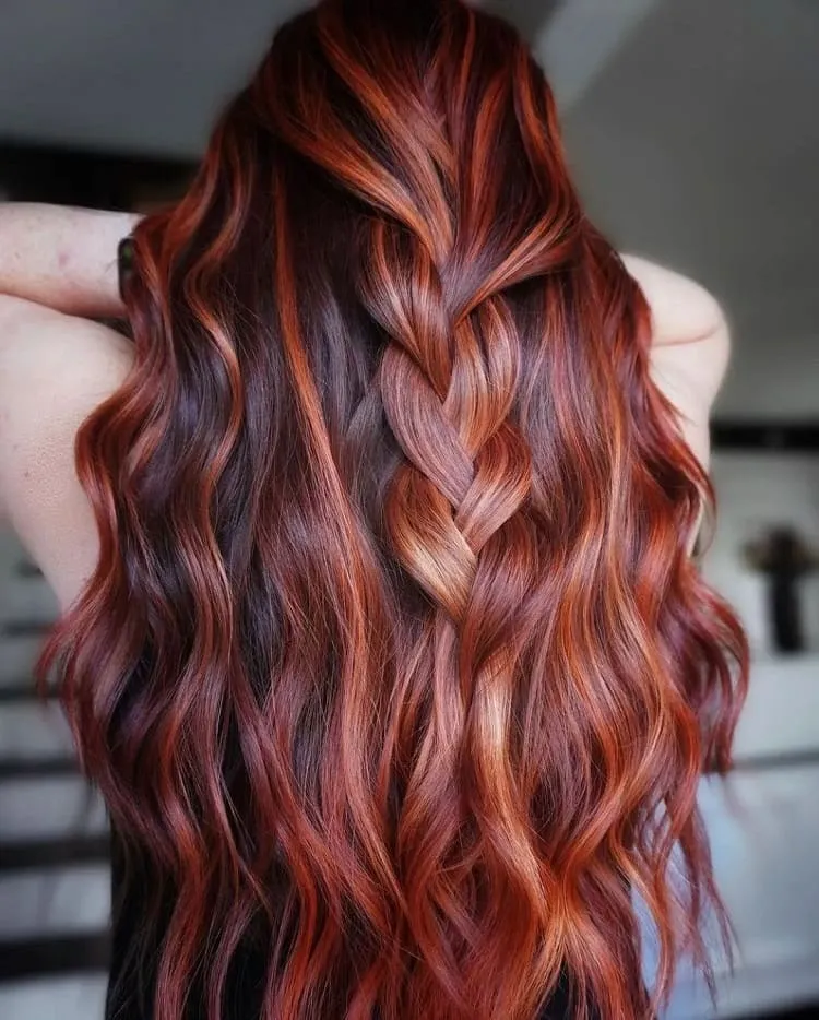cherry chocolate brown hair and copper auburn highlights
