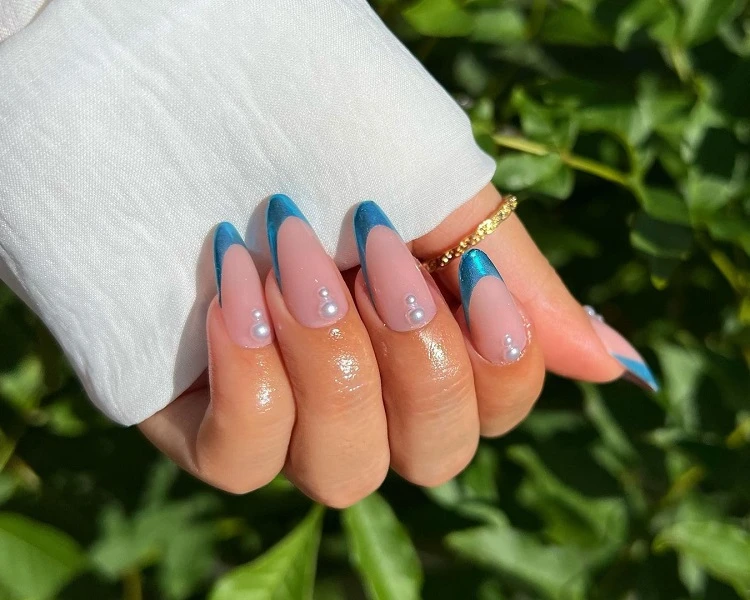 chrome french tip nails mermaid manicure with blue and perals