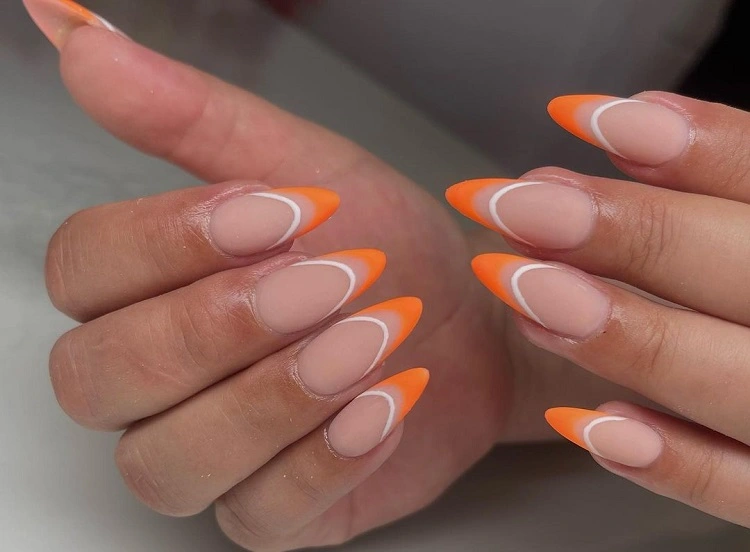 double french tip nails matte orange and white almond shape summer 2023