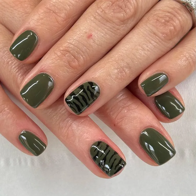 earthy tones olive green animal print short square nails summer manicure