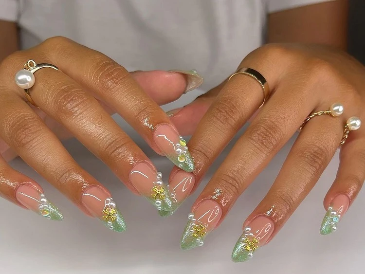 french chrome nails green with decoration