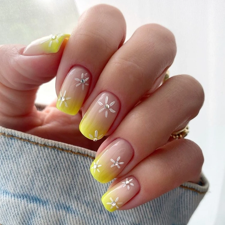 french ombre nails short with yellow and glitter