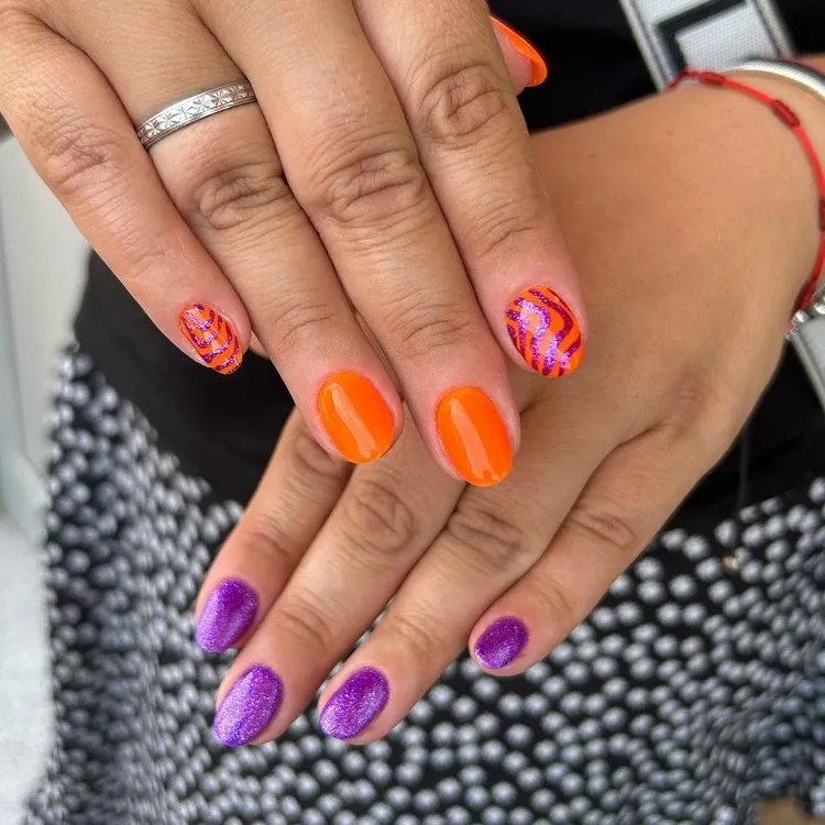 fun mismatched short summer nails neon orange purple glitter animal pattern
