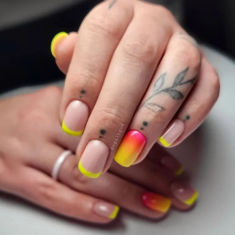 funky short nails summer manicure yellow french tip ombre decorations