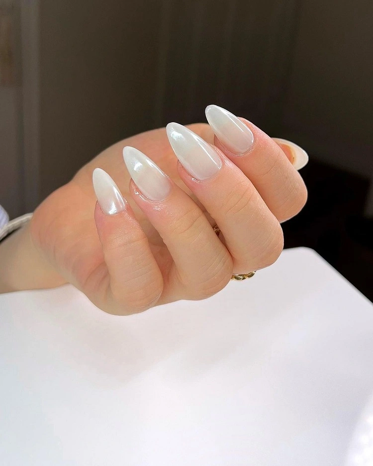 glazed milky white nails hailey bieber manicure