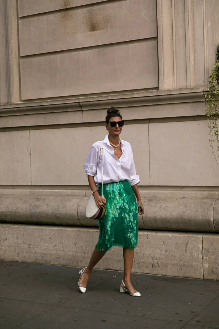 green sequin metallic mid length skirt white baggy shirt pearl necklace square sunglasses summer fashion 2023