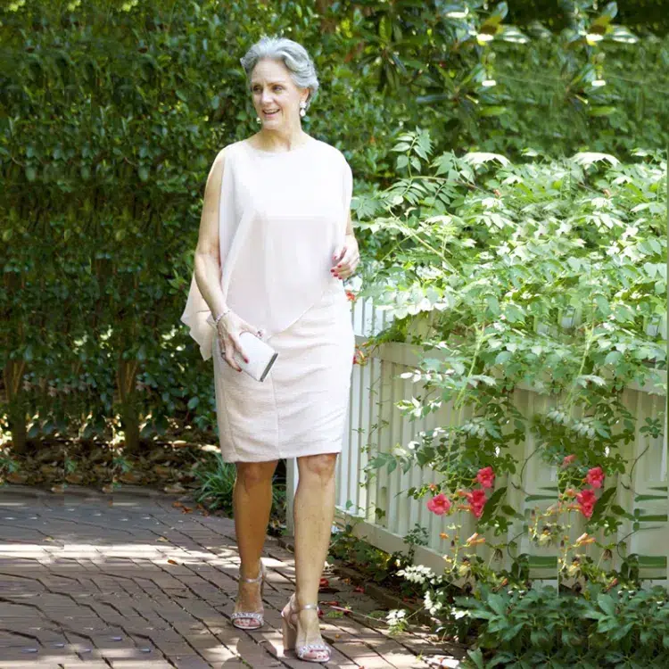 knee length wedding guest dress for 60 year old woman champagne color