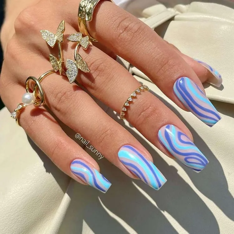 light blue nails ideas long coffin with stripes
