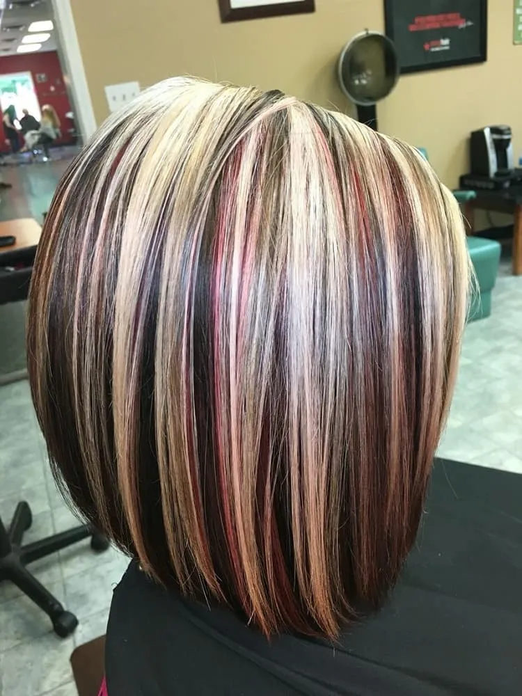 lights brown hair with red and blonde highlights