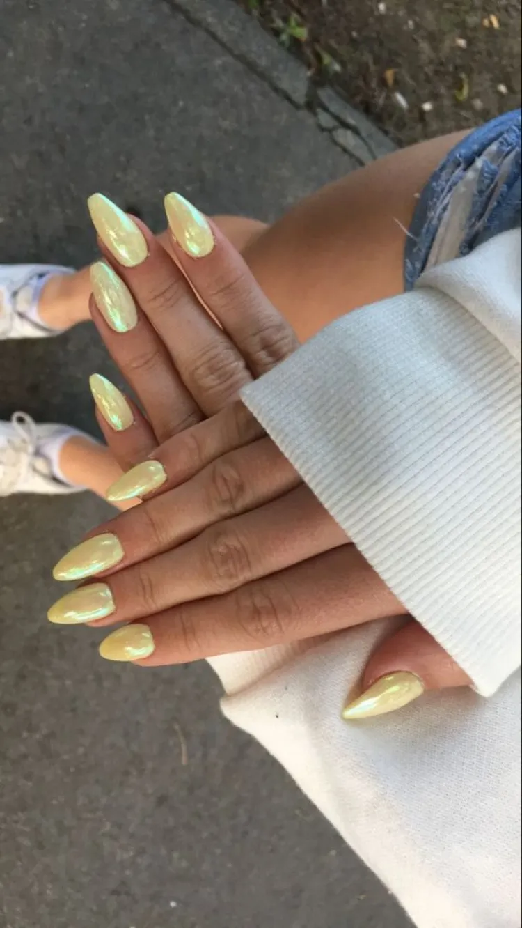 long ballerina summer acrylic nails pastel yellow chrome manicure
