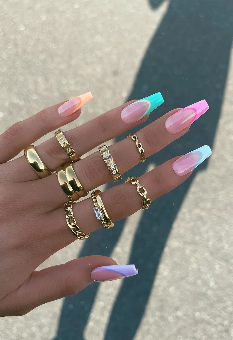 long coffin acrylic nails summer design colorful abstract french tips