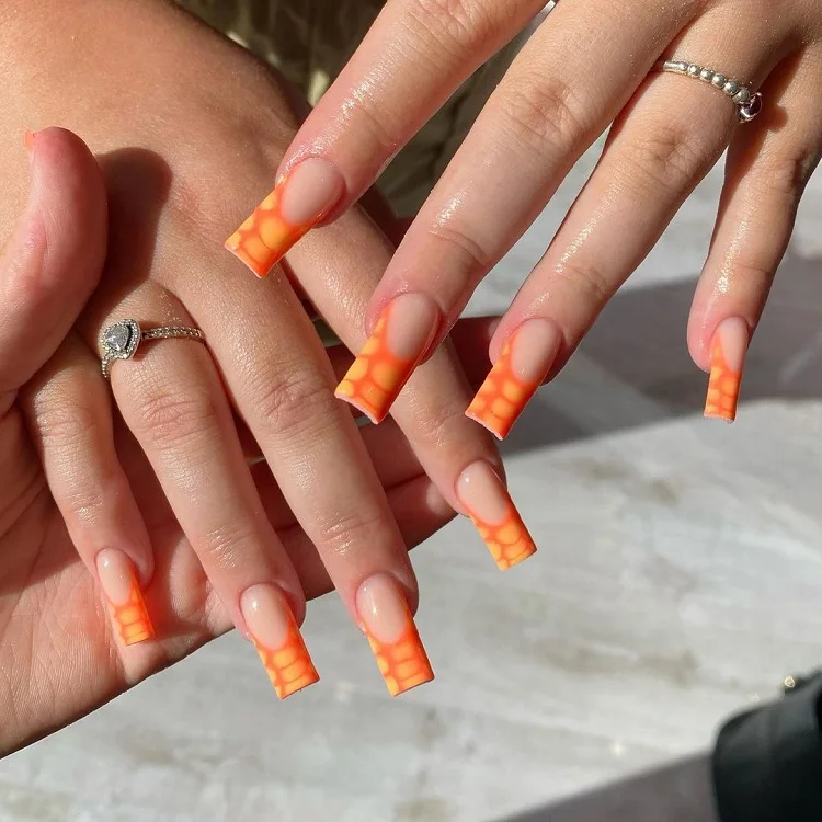 long square abstract french tip nail designs in orange color summer 2023