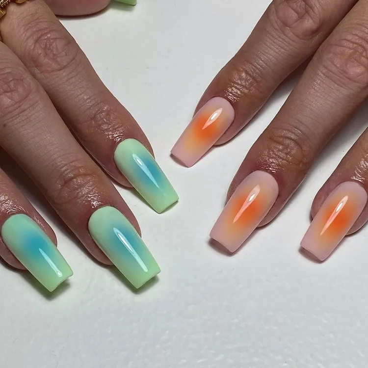 long square acrylic summer nails green orange aura design