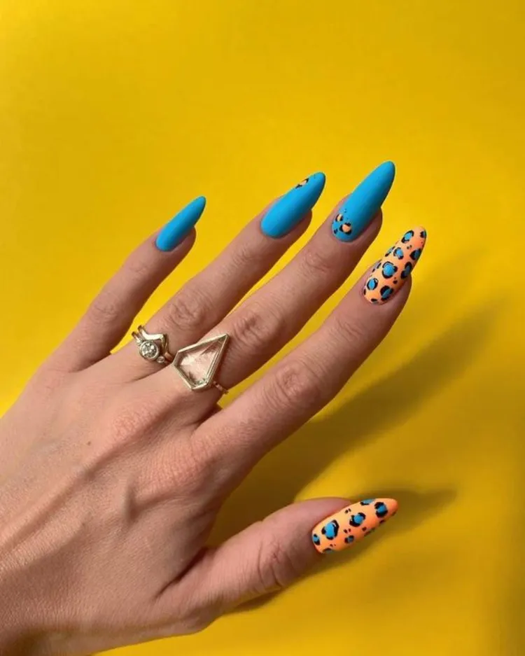 long summer acrylic nails almond shape matte blue animal print leopard decorations ideas inspo 2023