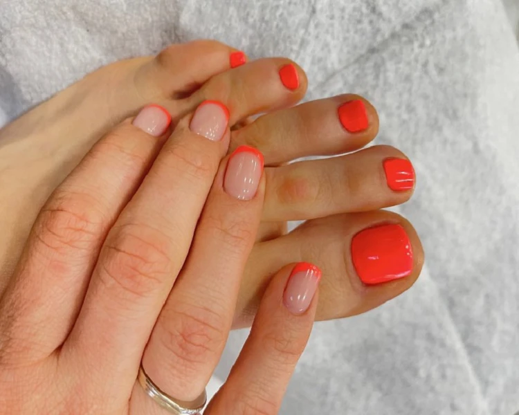 matching manicure and pedicure colors 2023 summer orange french tip nails
