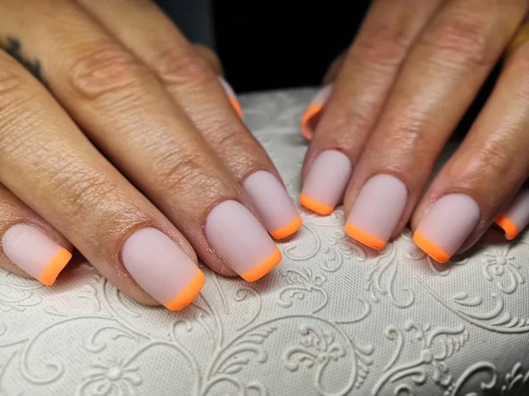 matte french tip nails orange color summer 2023
