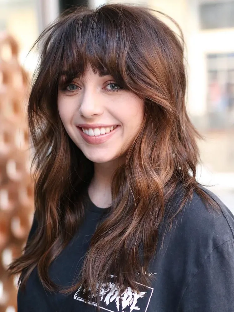 medium length hair light brown with bangs