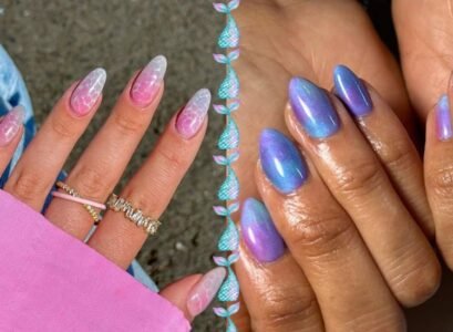 mermaid nail designs 2023 chrome scales purple and blue