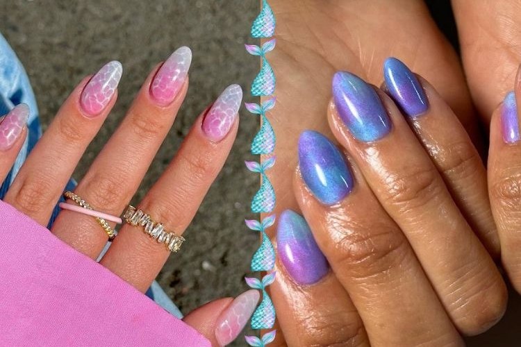 mermaid nail designs 2023 chrome scales purple and blue