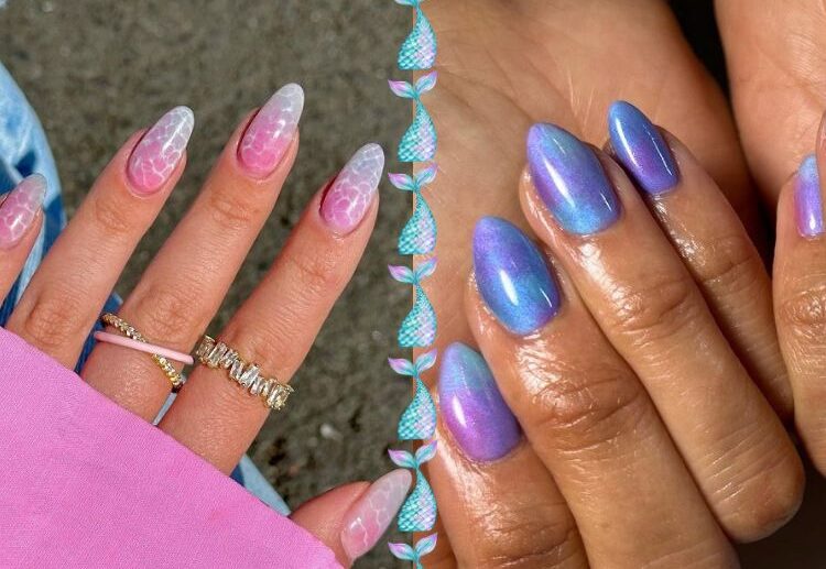 mermaid nail designs 2023 chrome scales purple and blue