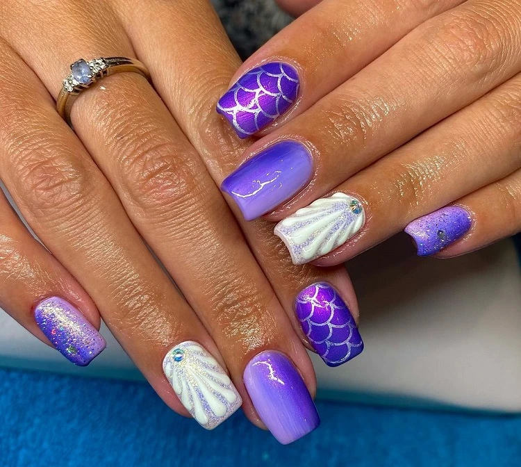mermaid nails shell purple color square short
