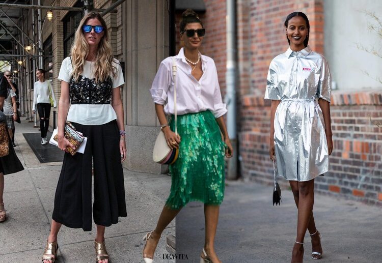 metallics trend summer fashion inspo 2023 shirt dress sequin skirt silver crop top