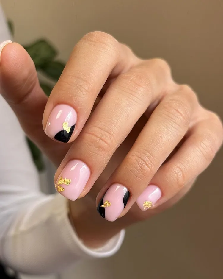 minimalist black white gold foil short summer nails ideas