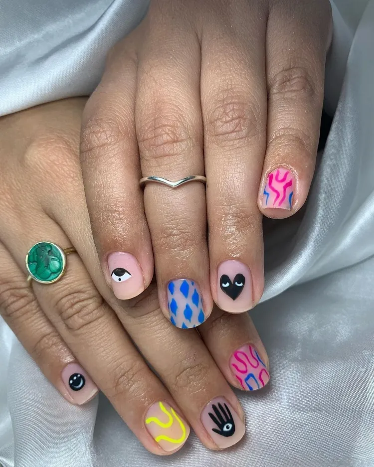 mismatched colorful abstract short summer nails ideas 2023