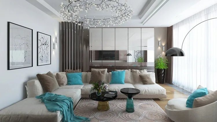 modern drawing room interior design use dull colors add trendy elements