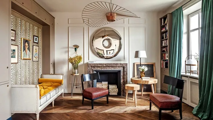 modern french interior design eclectic decor inspiration animal print wallpaper contemporary art wooden furniture