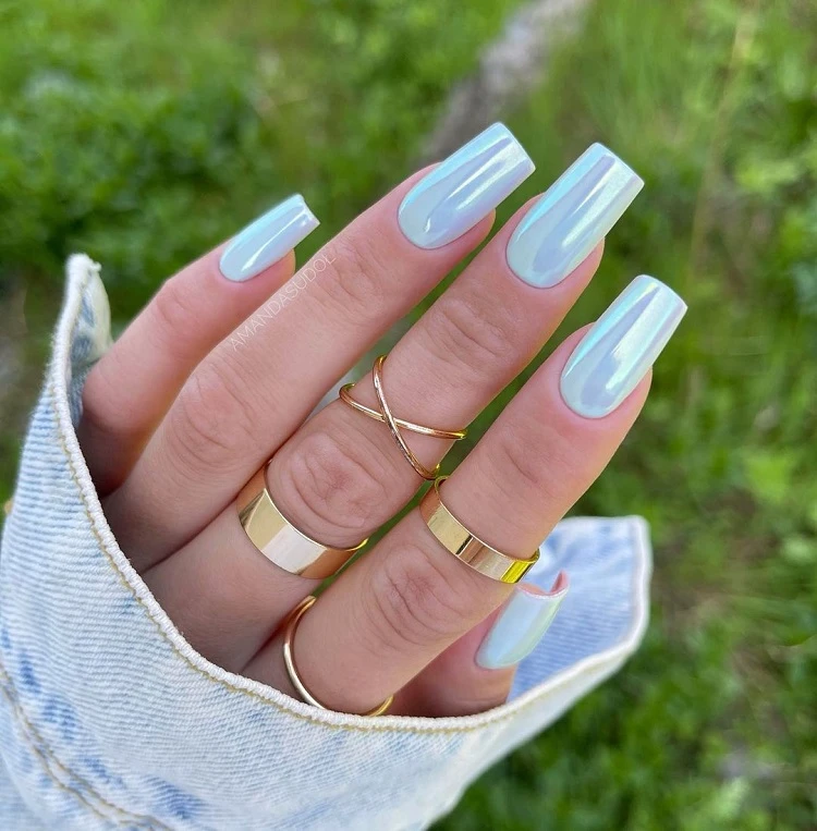 pastel blue chrome nails long square shape