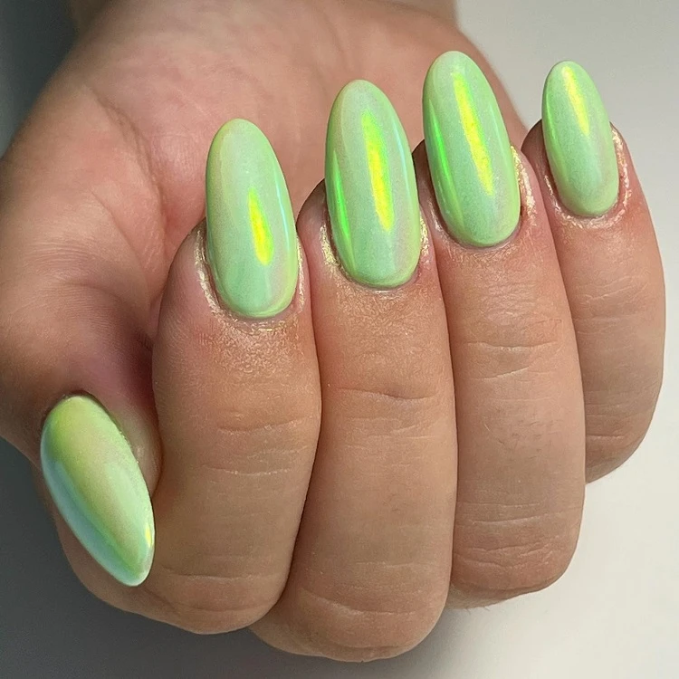 pastel green chrome nails 2023 manicure almond shape ideas